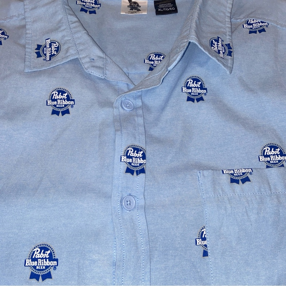 Pabst Blue Ribbon PBR Light Blue Men's Short Sleeve Button Down Shirt-XL - Picture 5 of 7